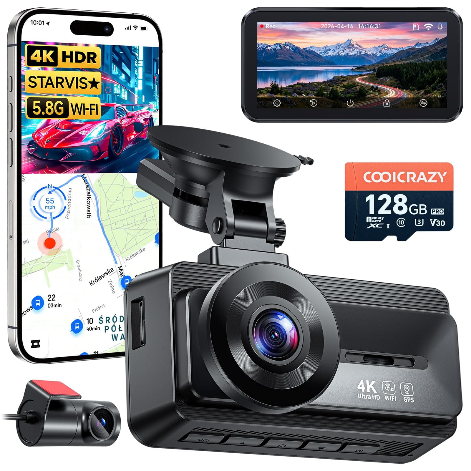 Coolcrazy 4K Dash Cam Front and Rear