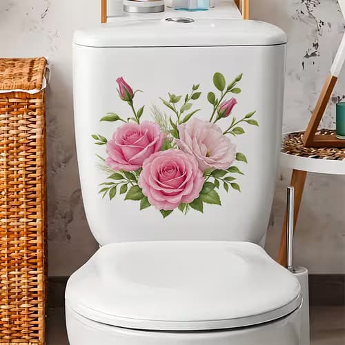 1pc Pink Roses and Leaves Pattern Toilet Stickers