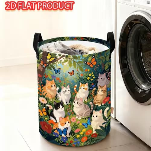 1pc Foldable Laundry Basket with Kitten Garden Print