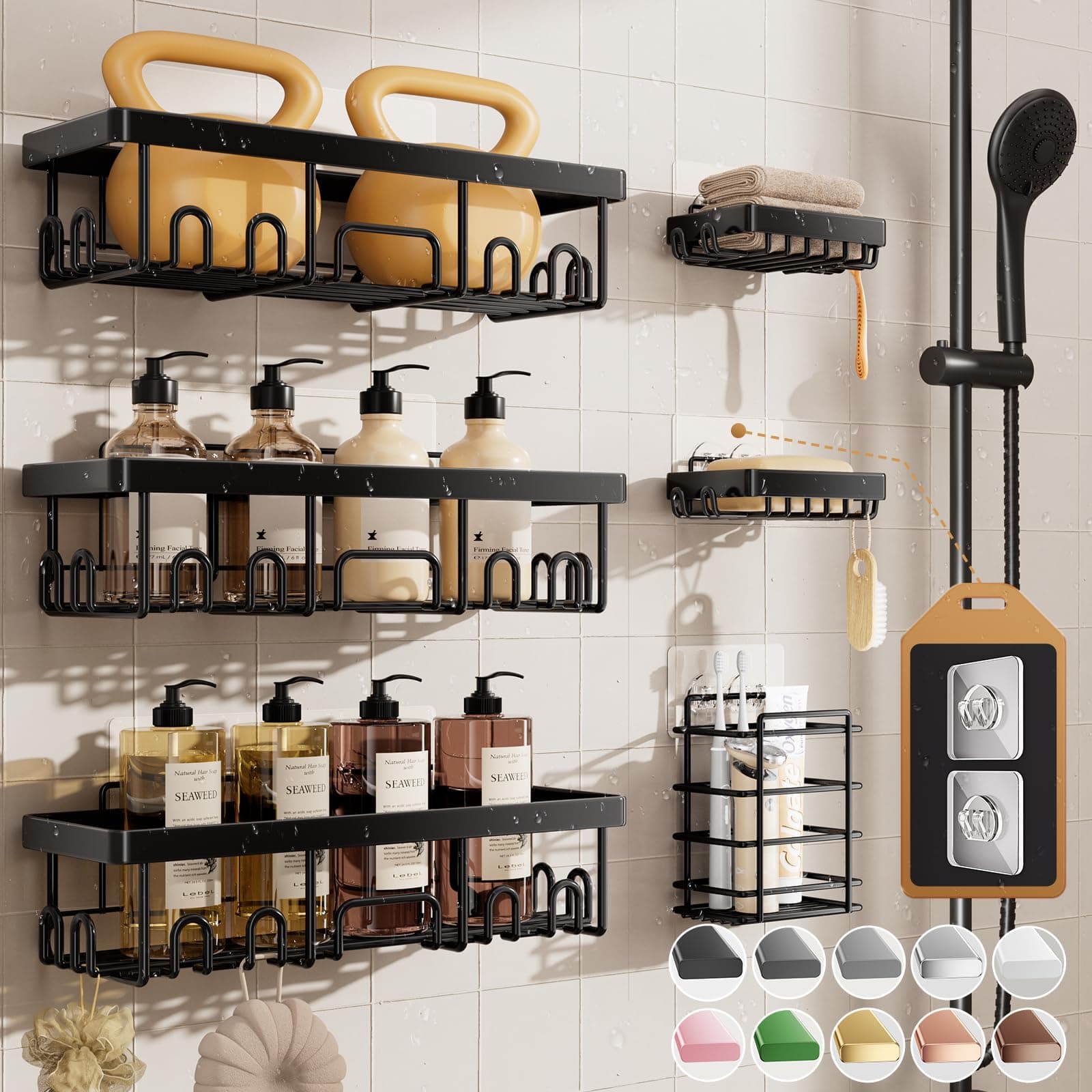 Veken Shower Caddy 6-Pack: No Drill, Rustproof Storage