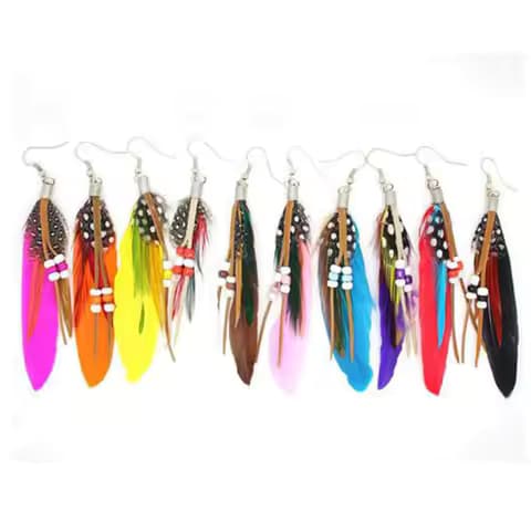 Tassel Dangling Earrings Colorful Feather Leather Beads