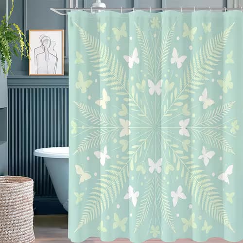 Mint Green Background Fern Butterfly Symmetric Shower Curtain